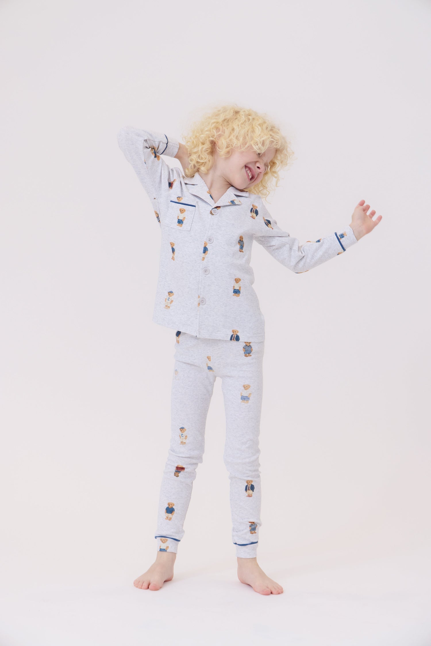 Crew Kids NY Bear Grandpa Long Sleeve Pajama Set Grey Blue