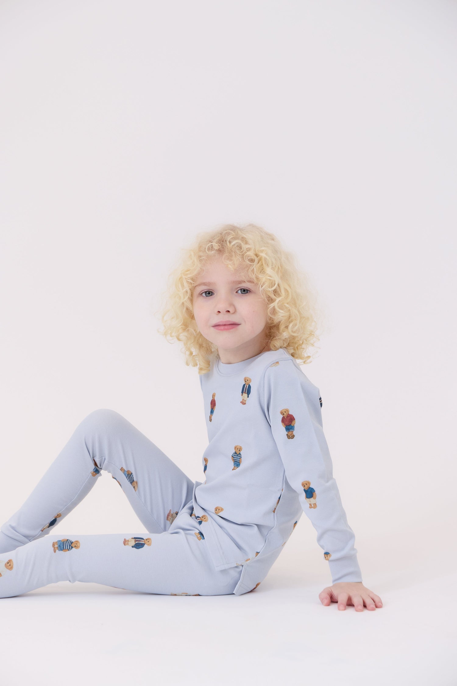 Teddy Bear Graphic Pajama Set for Kids in Light Blue