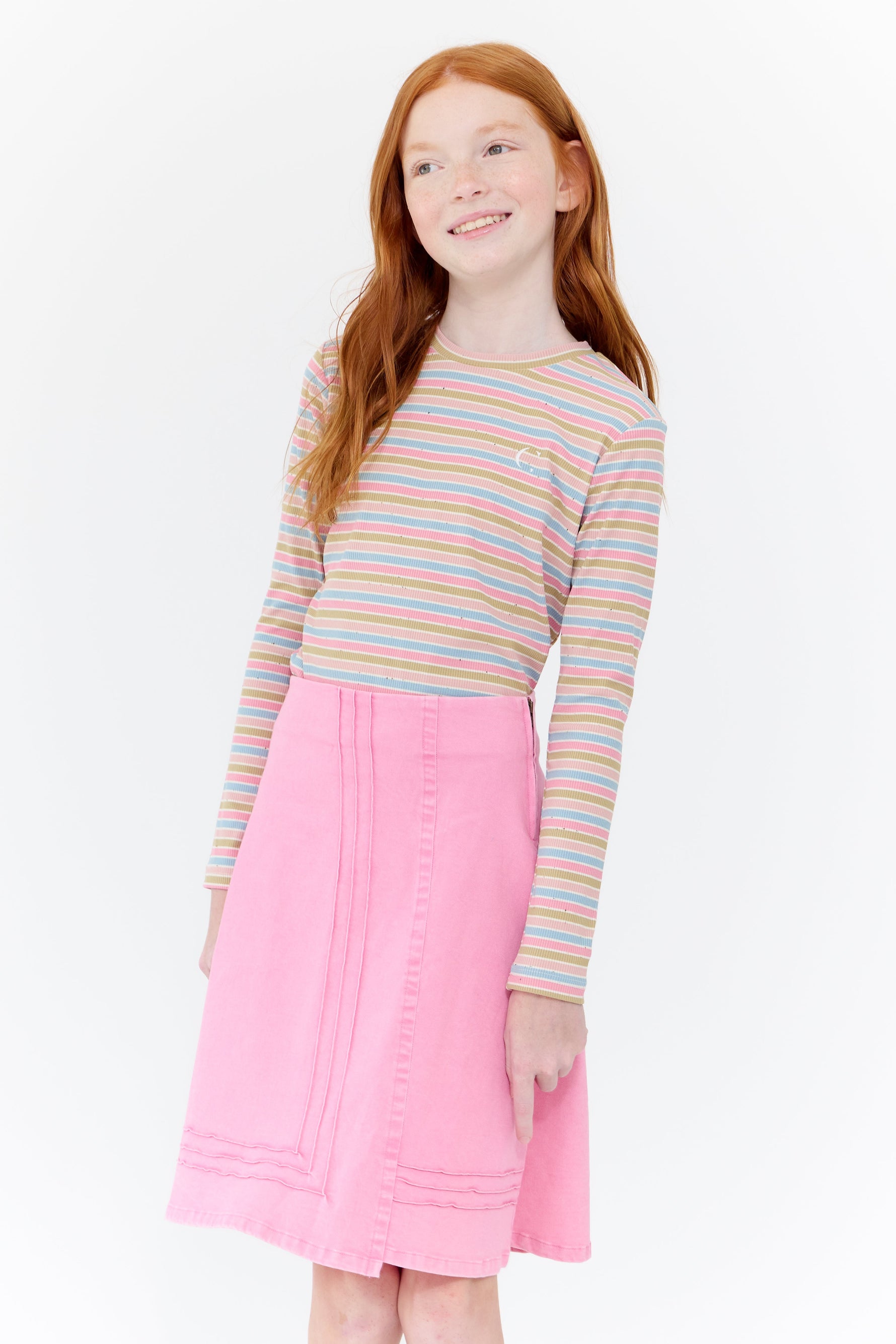 Leora Stripe Tee Long Sleeve Ribbed Shirt With Graphic Print Pink by Crew Kids NY at Everetts Place