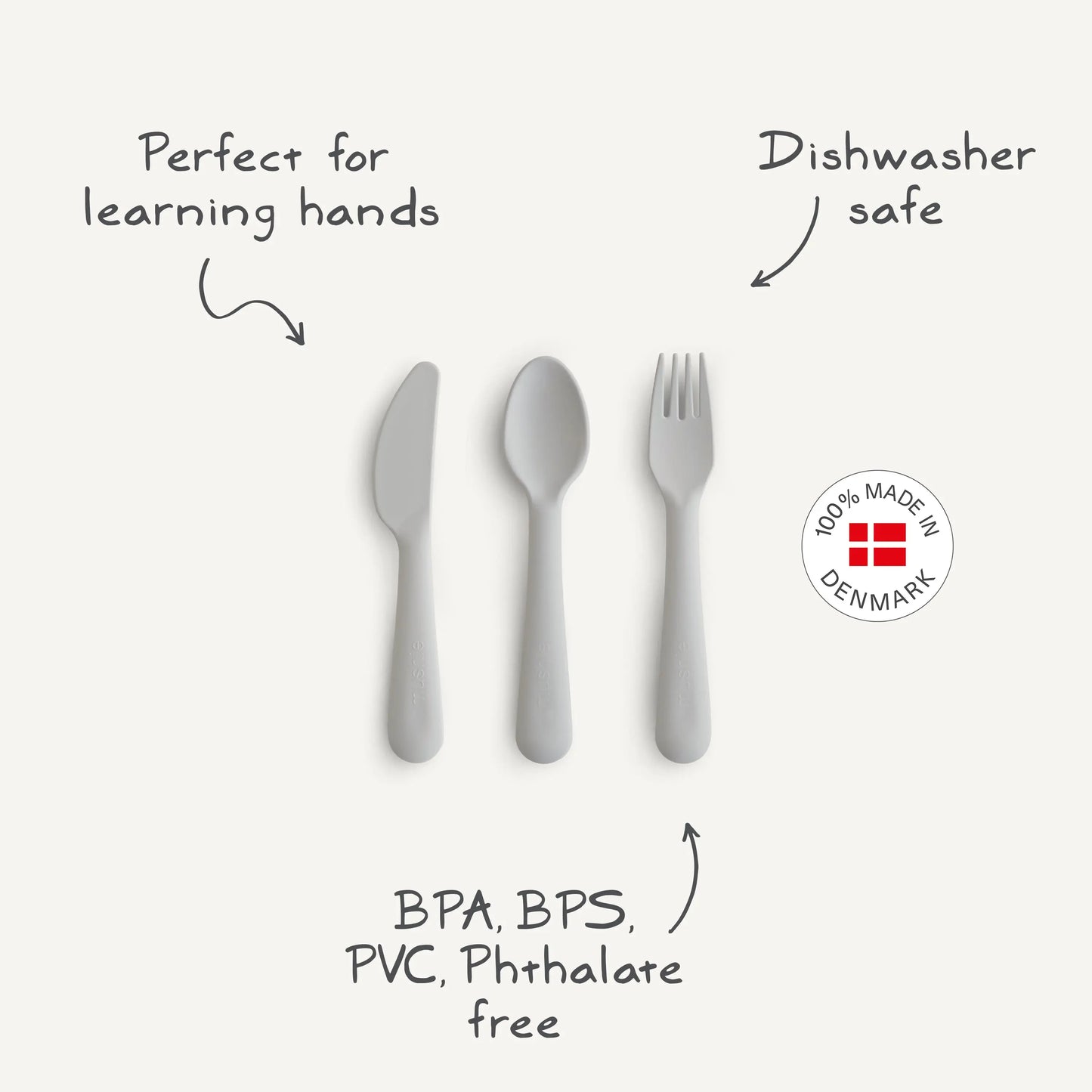 Kids Dinnerware Cutlery Set BPA Free Plastic Fork Spoon Knife Dishwasher Safe Made in Denmark Mushie