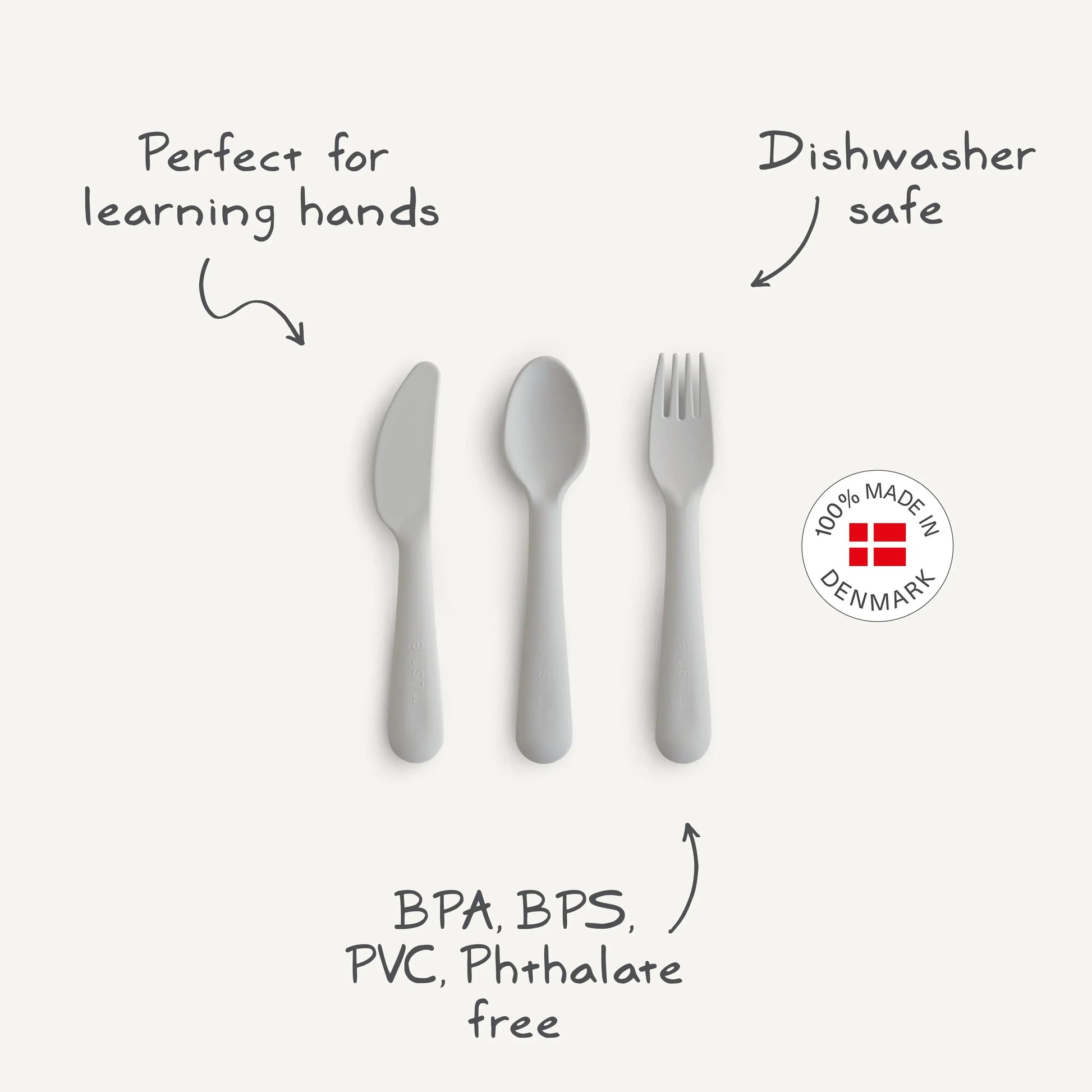 Kids Dinnerware Cutlery Set BPA Free Plastic Fork Spoon Knife Dishwasher Safe Made in Denmark Mushie
