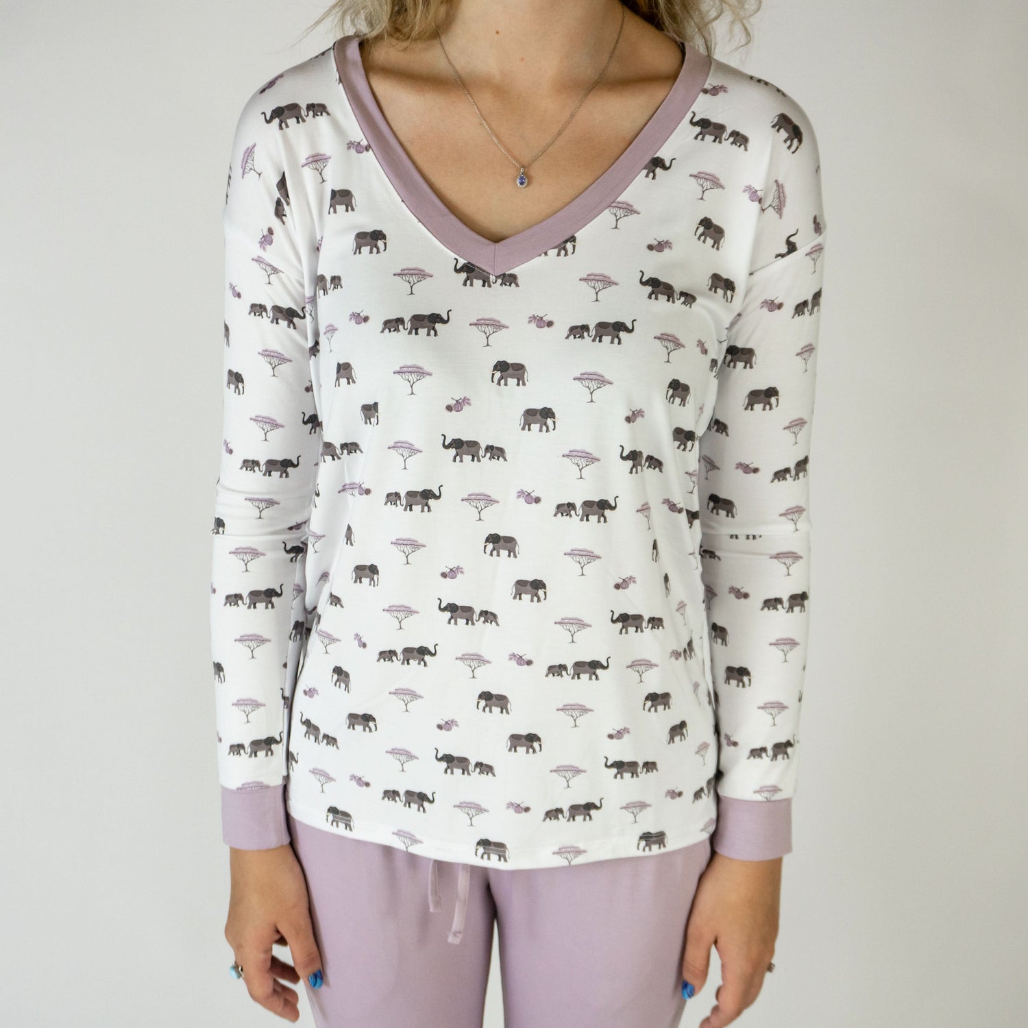 Adult long sleeve V-neck tee with an elephant design, shown from the front.