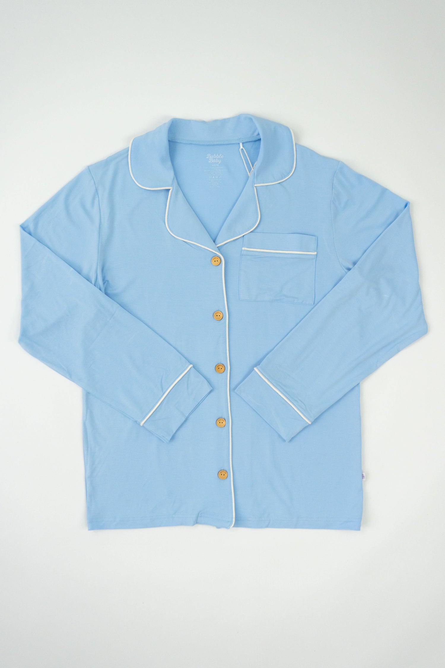 Adult button-up pajama top in a soft sky blue shade