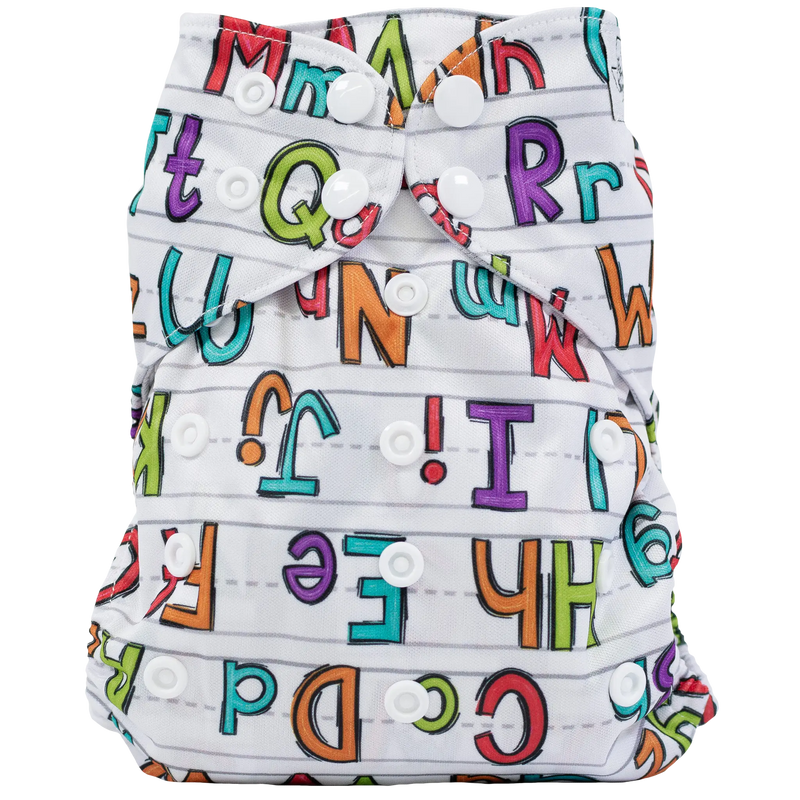 Slim Fit Pocket Cloth Diaper with colorful alphabet pattern and adjustable snaps.