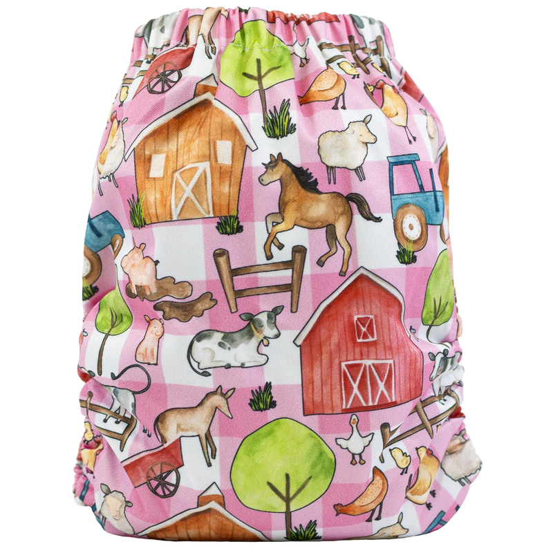 Slim Fit AIO Cloth Diaper with farm animal print on pink background, designed for babies 8-40lbs, featuring simplified snaps and moisture-wicking material.