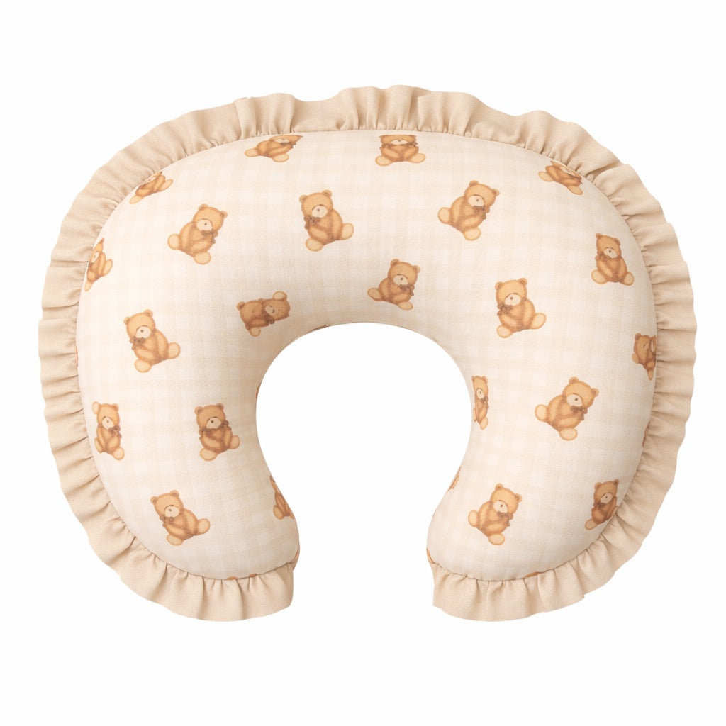 Beige teddy bear gingham nursing pillow cover with a ruffle edge, shown on a standard curved nursing pillow.