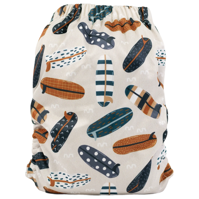Slim Fit Pocket Cloth Diaper with fun surfboard print and adjustable snaps.
