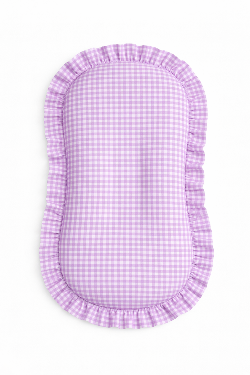 Purple gingham baby lounger cover with ruffle trim, sized to fit a Snuggle Me lounger.