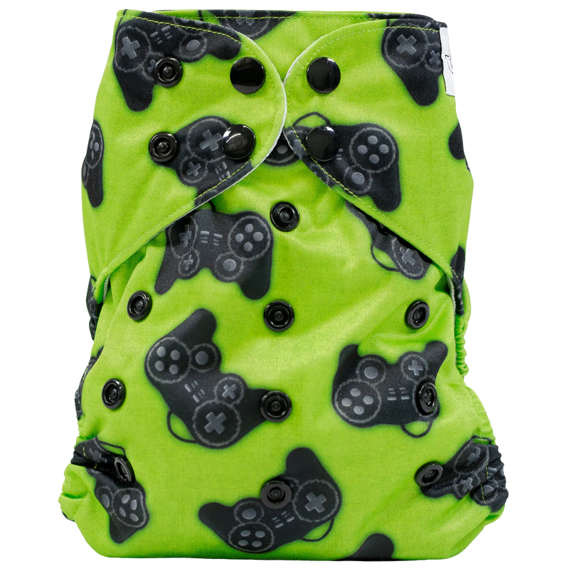 Slim Fit Pocket Cloth Diaper in green with game controller design and black snaps.