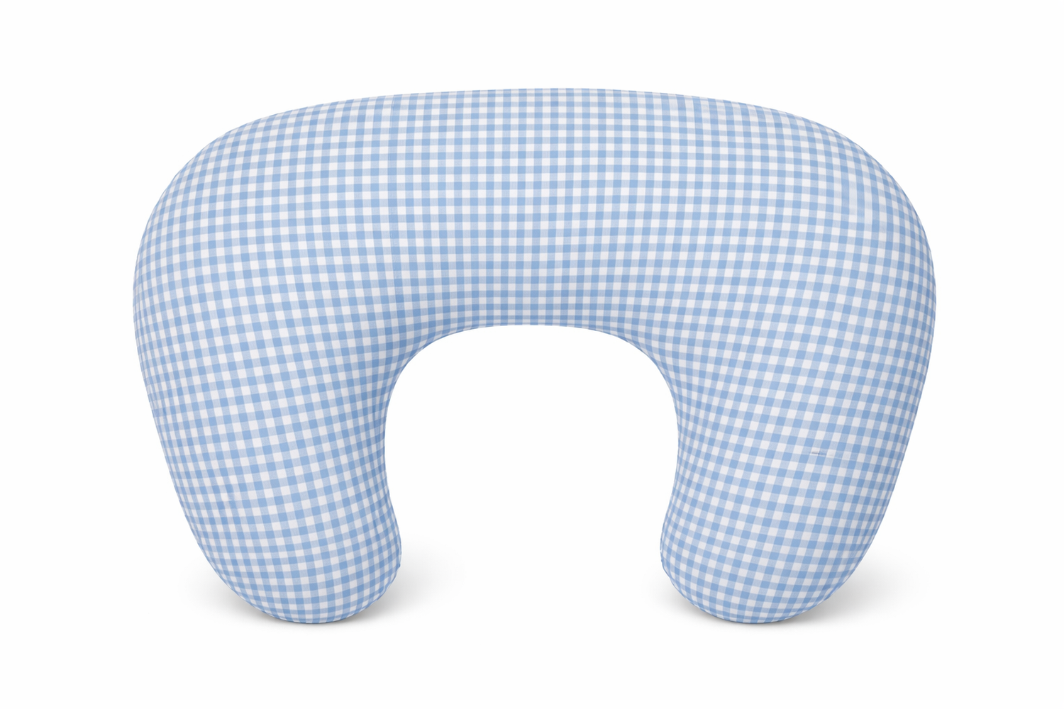 Blue gingham nursing pillow cover with a ruffle trim edge and zipper closure.