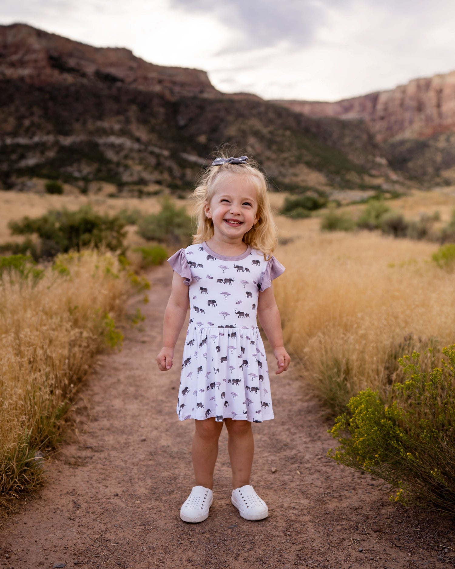 Baby flutter bodysuit dress with cap sleeves and an elephant print