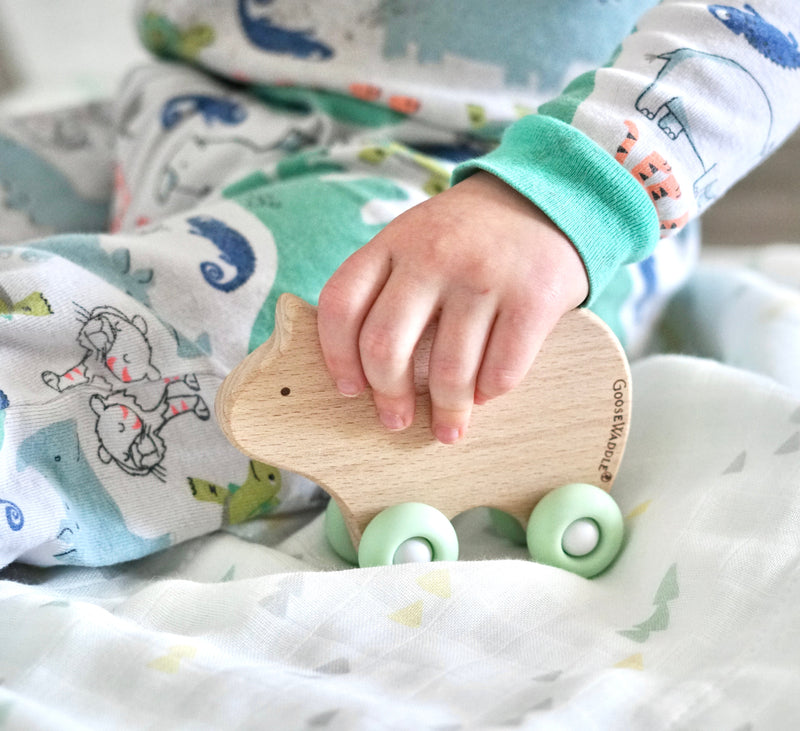 Silicone + Wood Teether with Wheels (3 Colors) Goosewaddle® | Newborn Baby Blankets Toys Teethers Bibs & More