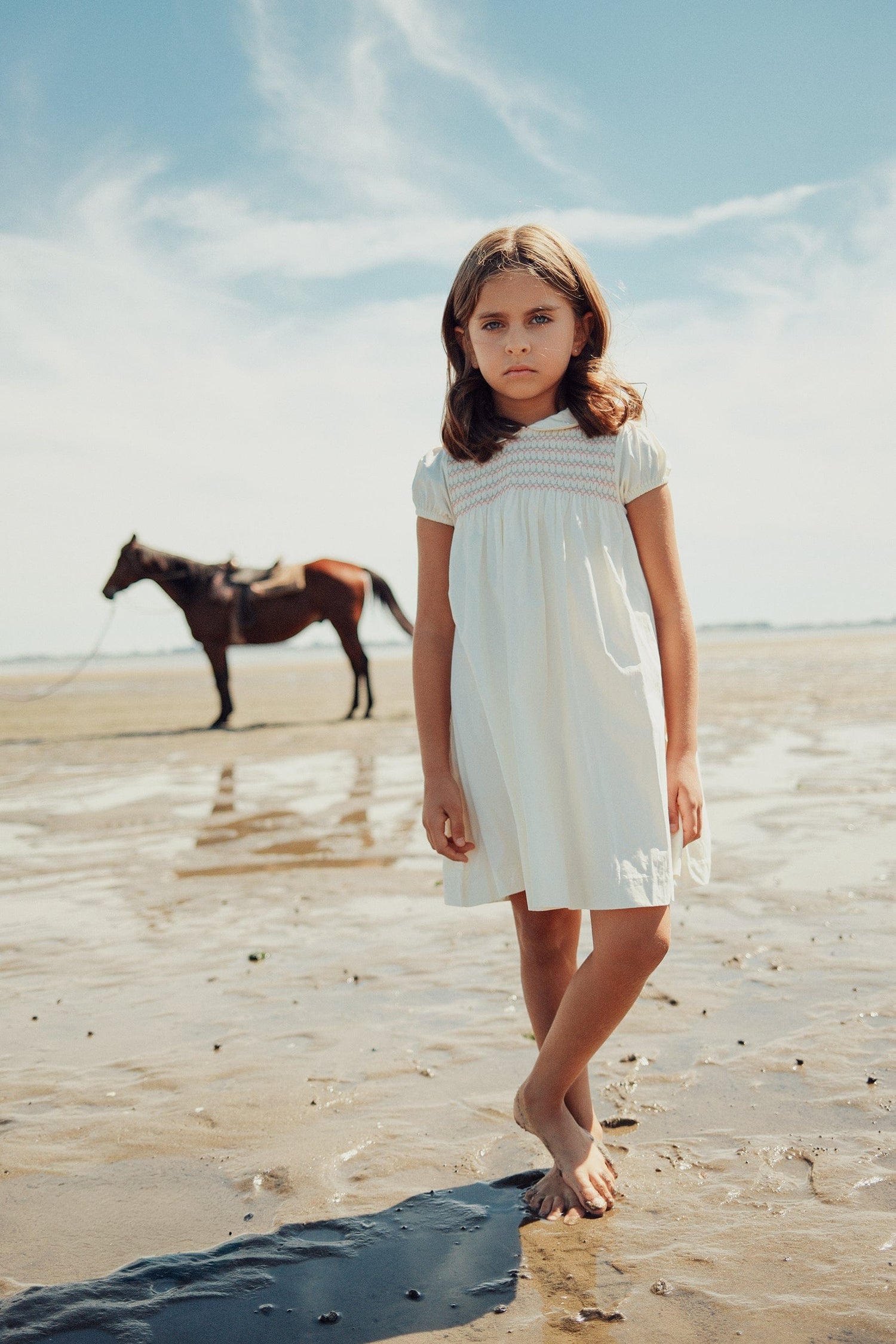 KIPP Collection Puffed Sleeve Collared Dress with Smocked Detail for Girls
