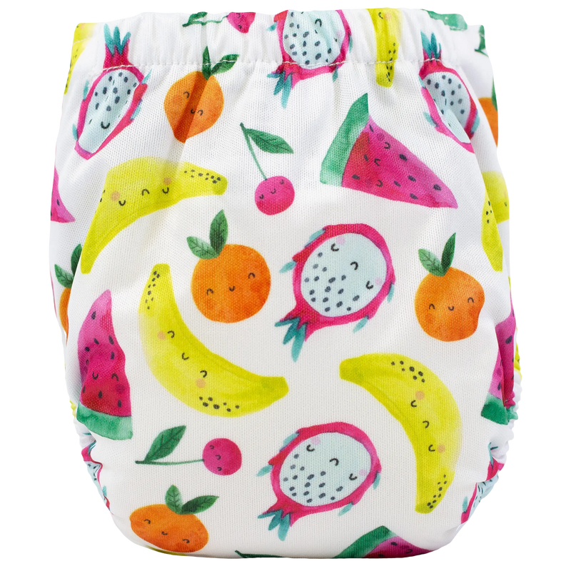 Tiny Tushies Newborn AIO Cloth Diaper with fruit print design.