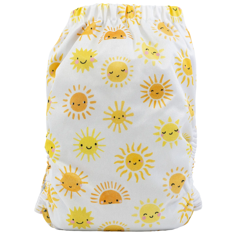 Slim Fit AIO Cloth Diaper with sun pattern, suitable for 8-40lbs, featuring athletic wicking jersey edge and tummy panels.