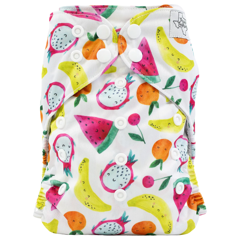 Slim Fit AIO Cloth Diaper with tropical fruit print and adjustable snaps.