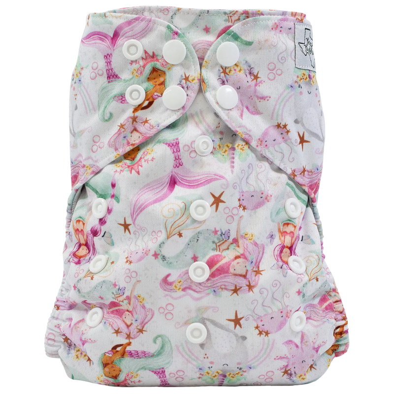Slim Fit Pocket Cloth Diaper with mermaid print and adjustable snaps.