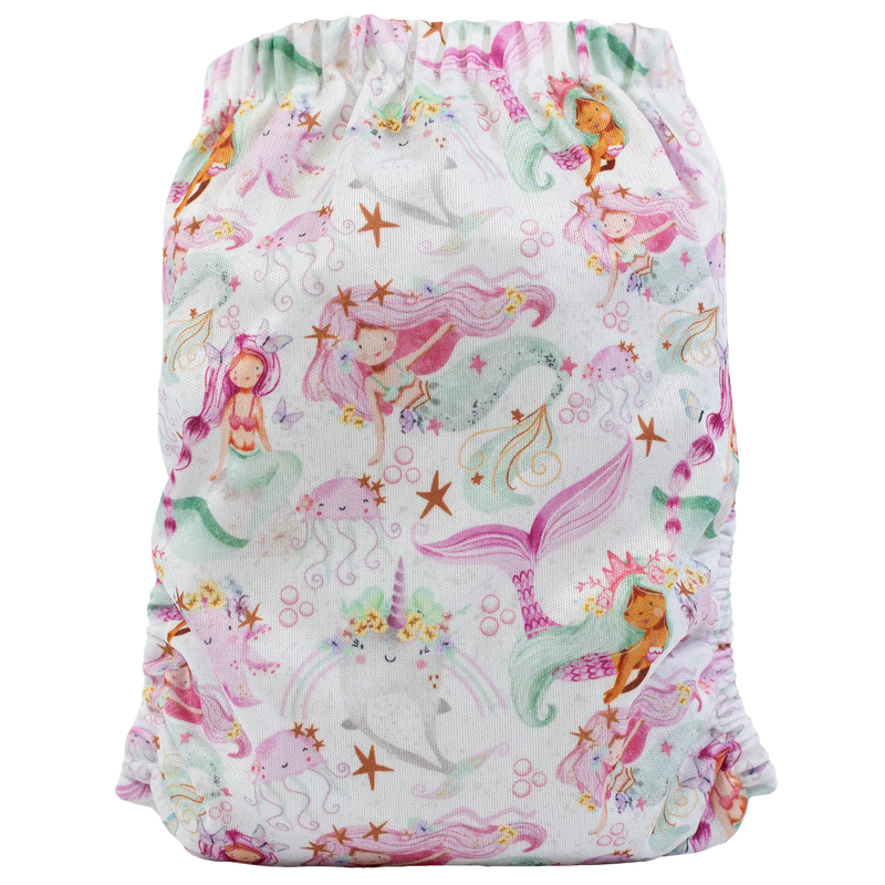 Slim fit pocket cloth diaper with mermaid print, fits 8-40 lbs, featuring tummy panels and athletic wicking jersey material.