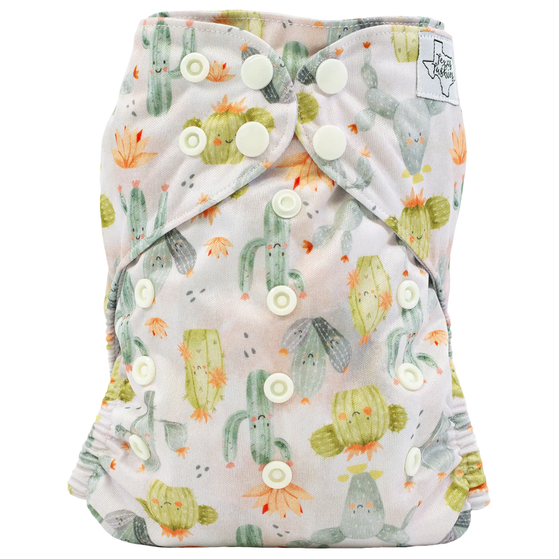 Slim Fit Pocket Cloth Diaper with cactus print and adjustable snaps.