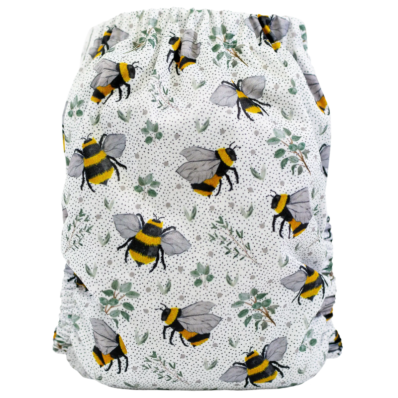 Slim Fit AIO Cloth Diaper with bee print pattern, featuring athletic wicking jersey and tummy panels.
