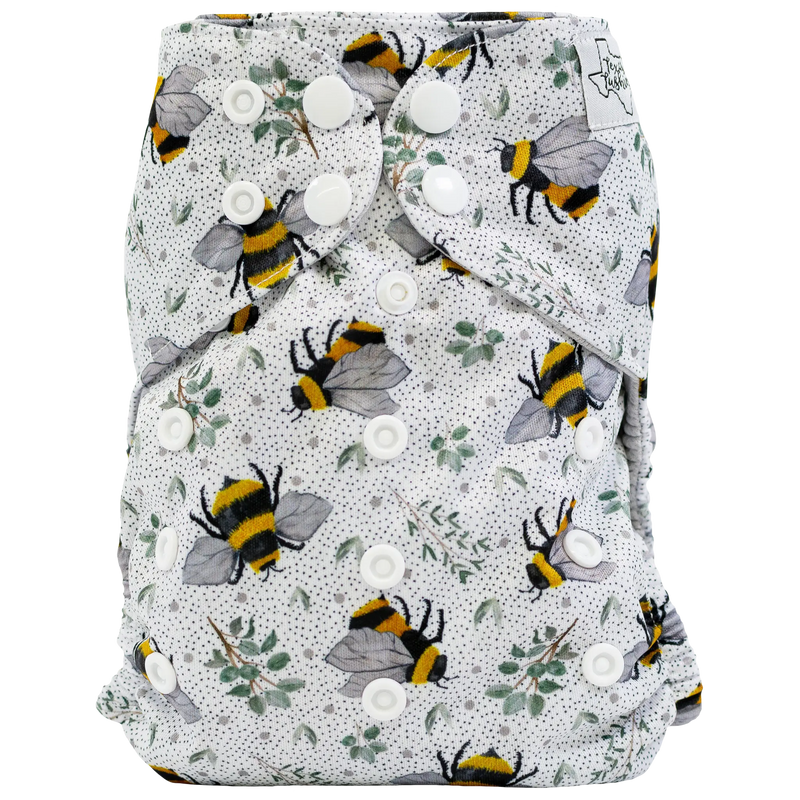 Slim Fit AIO Cloth Diaper with bee pattern and white snaps.