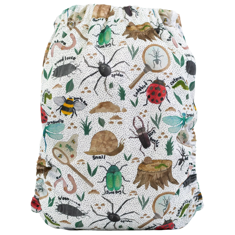 Slim Fit AIO Cloth Diaper with insect print, designed for 8-40lbs, featuring moisture-wicking jersey and secure snaps.