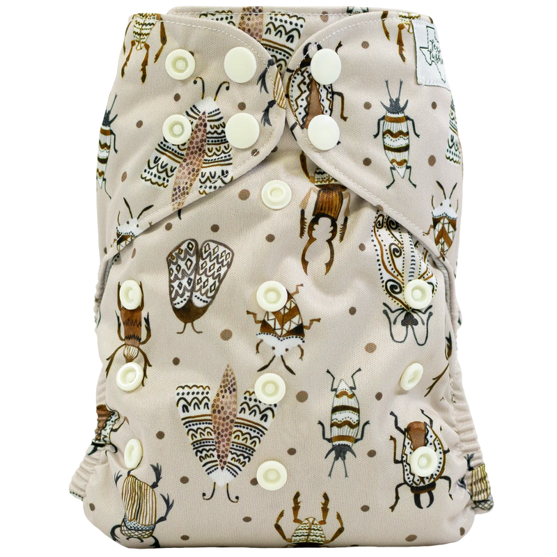 Slim Fit AIO Cloth Diaper with insect print and adjustable snaps for babies 8-40lbs.