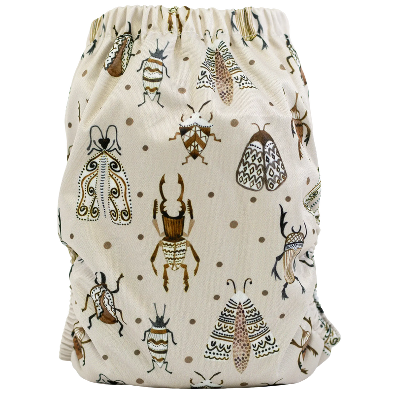 Slim Fit Pocket Cloth Diaper with bug print design, adjustable for 8-40 lbs, featuring tummy panels and wide pocket opening.