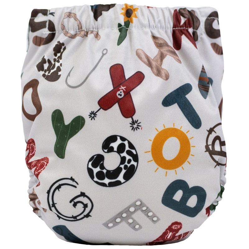 Newborn cloth diaper with colorful alphabet print, designed for babies 5-20 lbs.