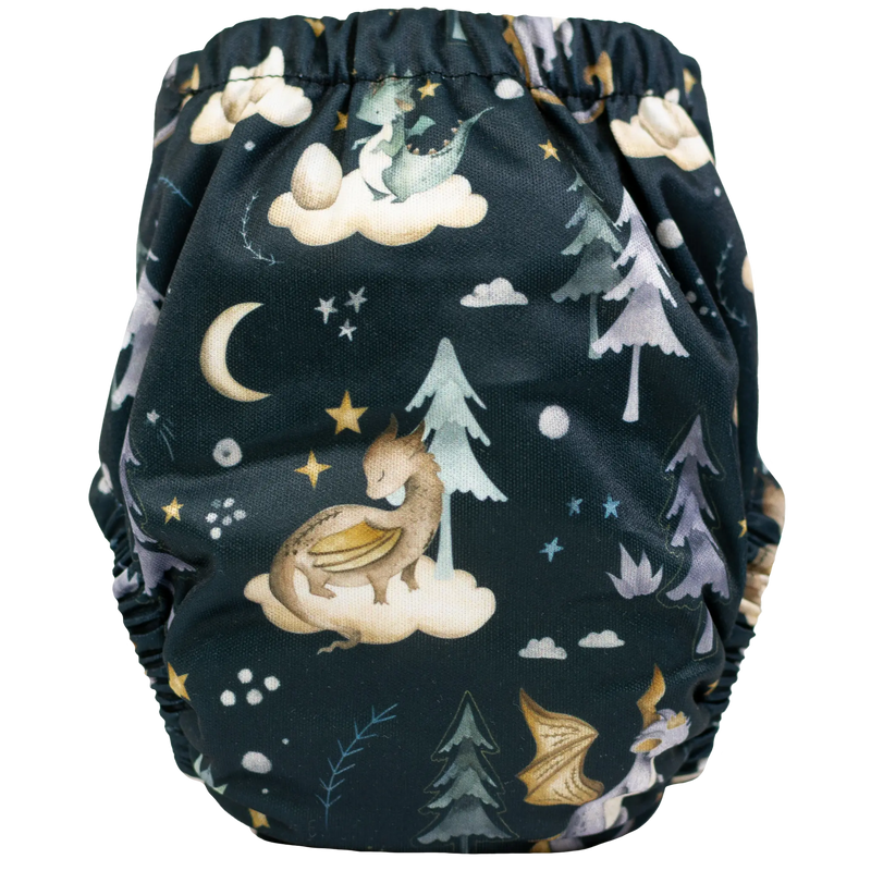 Tiny Tushies Newborn AIO Cloth Diaper with dragon print design.