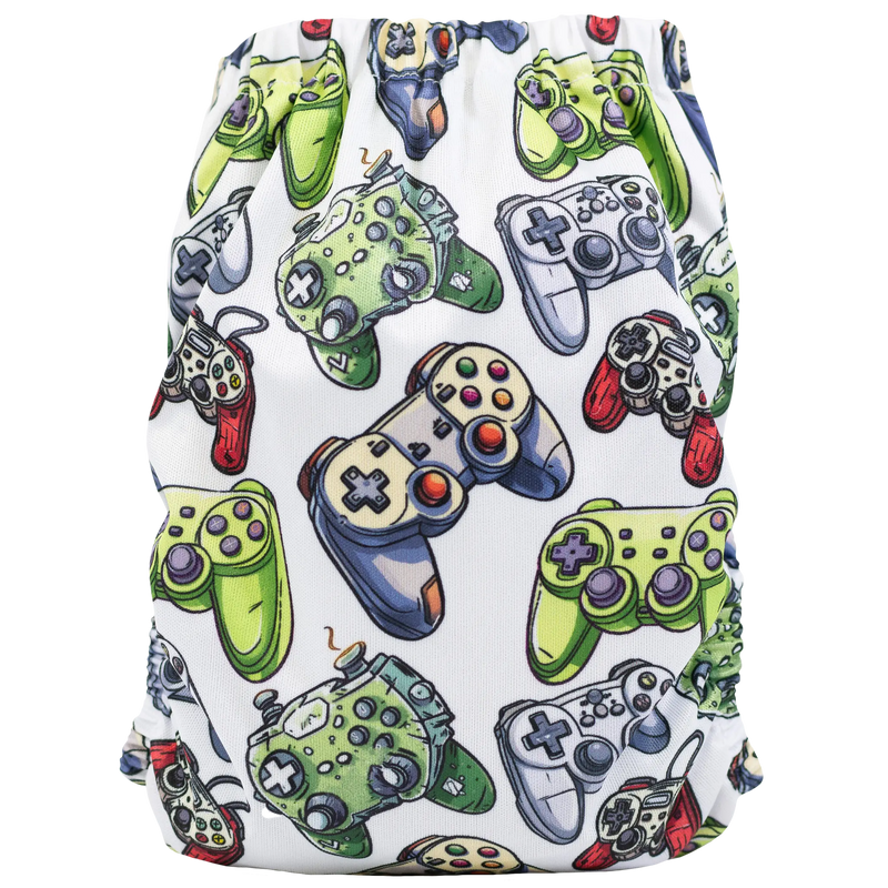 Slim Fit AIO Cloth Diaper with playful game controller print, suitable for 8-40 lbs babies.