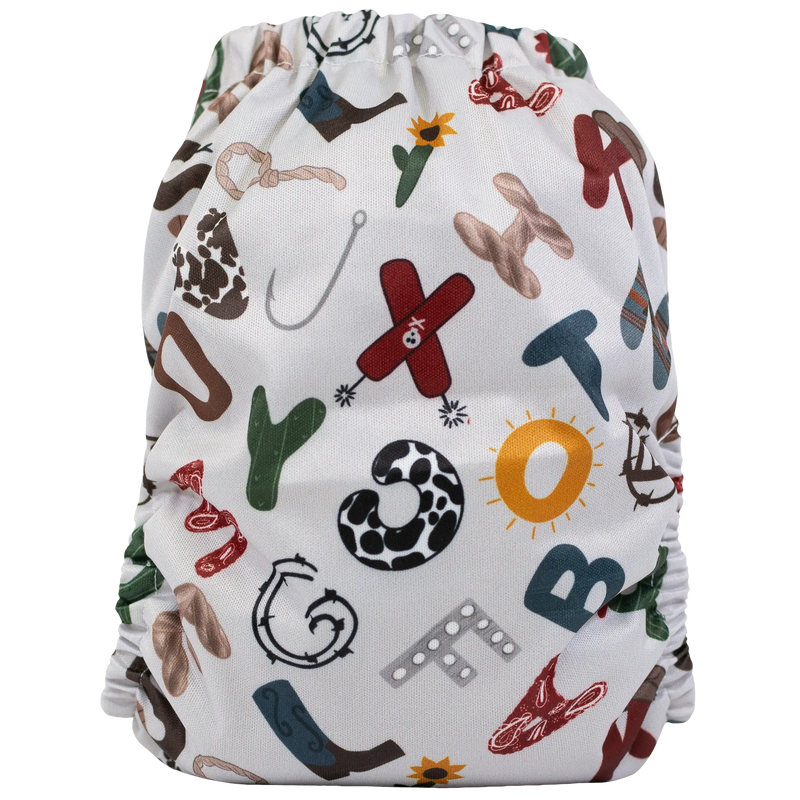 Slim Fit Pocket Cloth Diaper with colorful printed design, fitting babies 8-40lbs.