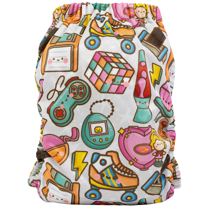Slim Fit Pocket Cloth Diaper with vibrant retro-themed print, featuring toys and gadgets.