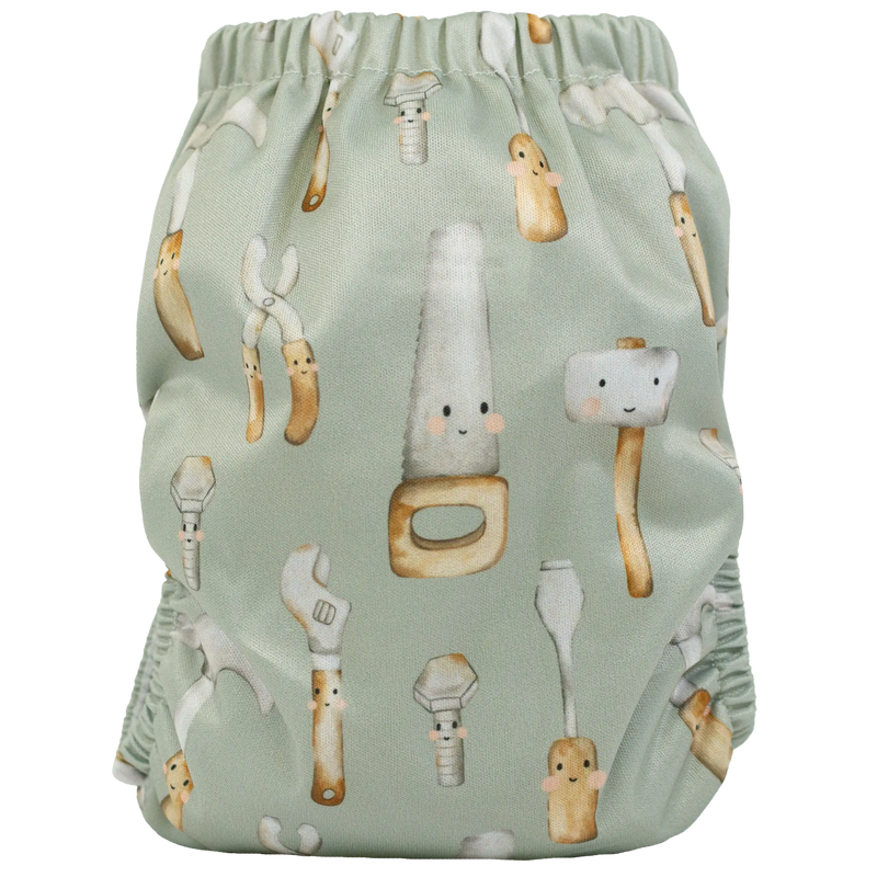 Slim Fit Pocket Cloth Diaper with tool-themed design, adjustable snaps, and athletic wicking jersey material.