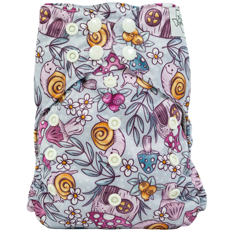 Slim Fit AIO Cloth Diaper with colorful snail and floral print, featuring multiple adjustable snaps for 8-40lbs babies.