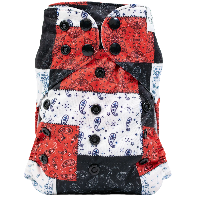 Slim Fit AIO Cloth Diaper with red and black paisley pattern.