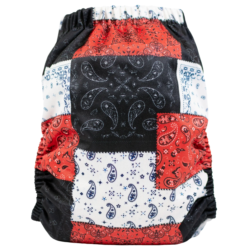 Slim Fit AIO Cloth Diaper with red, black, and white paisley pattern design.