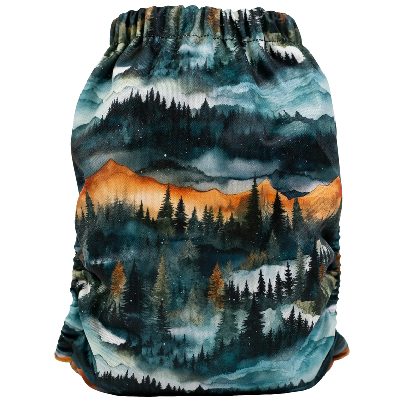 Slim Fit AIO Cloth Diaper with mountain and forest pattern, for 8-40lbs babies.