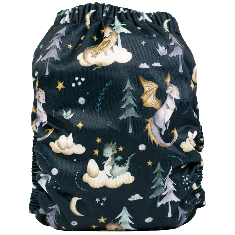 Slim Fit Pocket Cloth Diaper with dragon and forest design, fits 8-40lbs, featuring athletic wicking jersey material and reversible pocket opening.