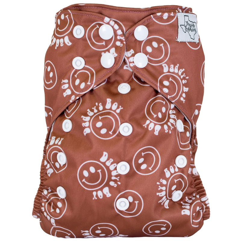 Slim Fit AIO Cloth Diaper with smiley pattern and adjustable snaps for babies 8-40lbs.