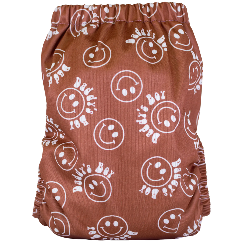 Slim Fit Pocket Cloth Diaper with smiley print design in brown fabric.