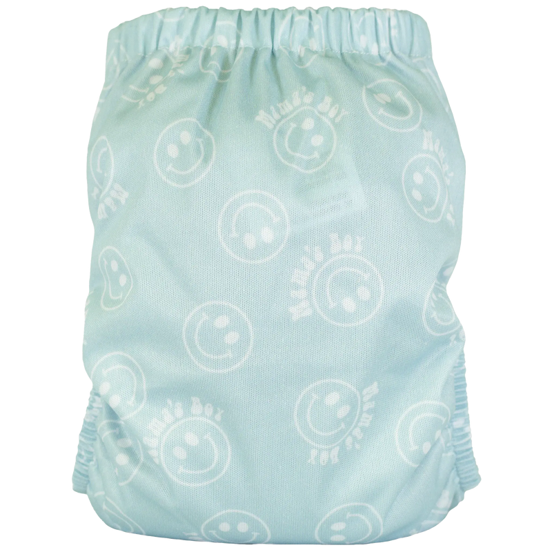 Slim Fit AIO Cloth Diaper with smiling face pattern on light blue background.