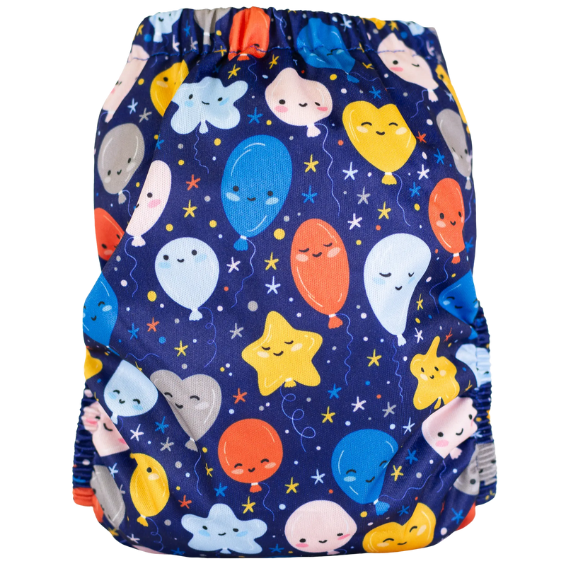 Colorful slim fit pocket cloth diaper with balloon and star print, fitting 8-40 lbs.