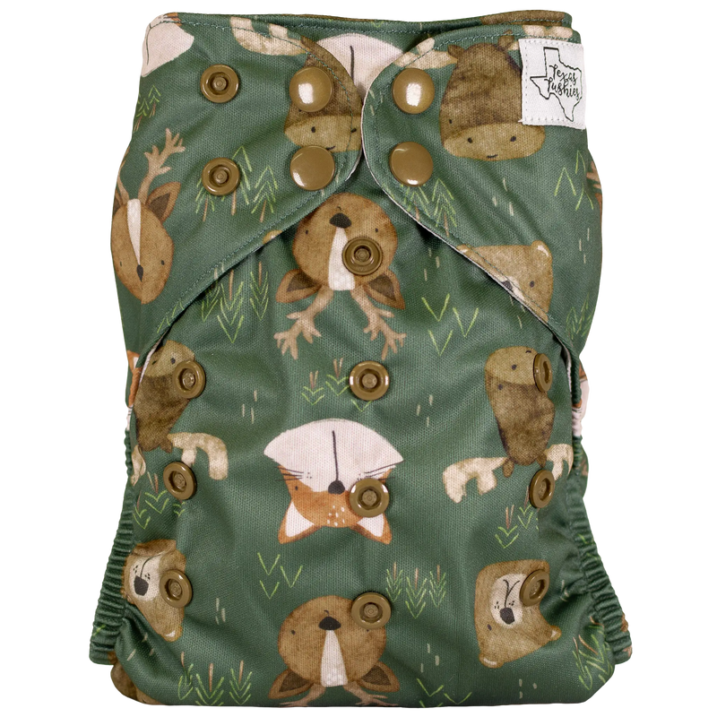 Slim Fit Pocket Cloth Diaper with animal print design, adjustable snaps, and wide pocket opening.