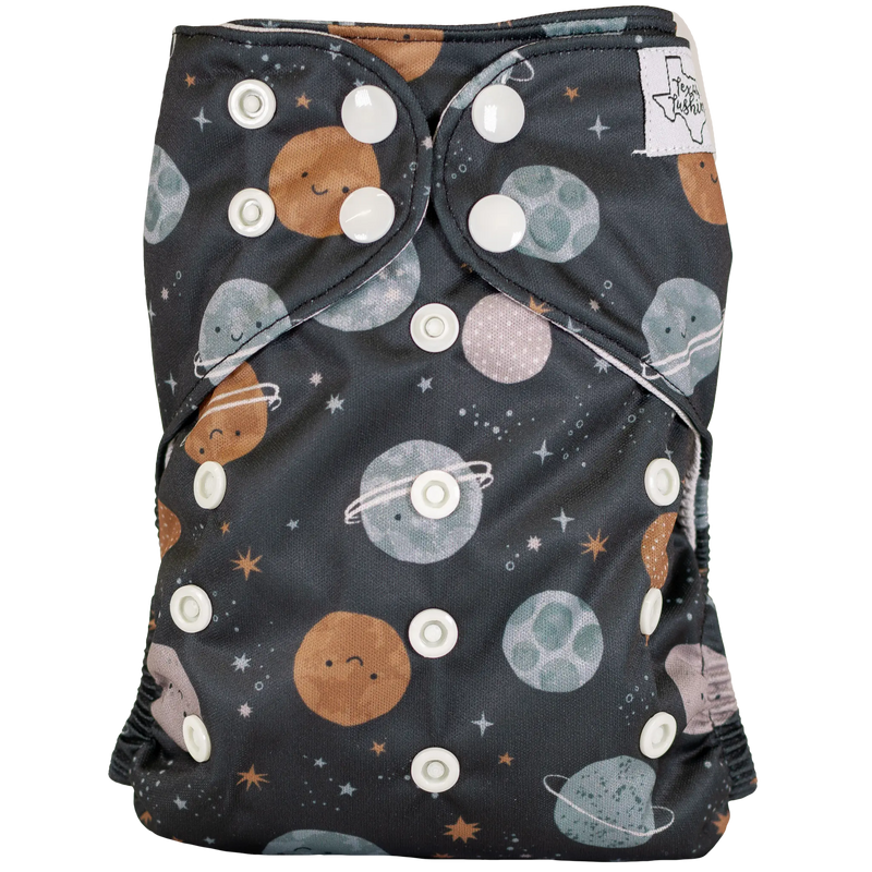 Slim Fit AIO Cloth Diaper with planets print and adjustable snaps.
