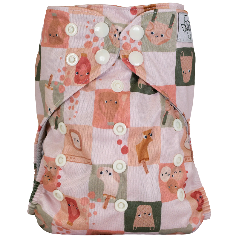 Slim Fit AIO Cloth Diaper with colorful print and snap closures.
