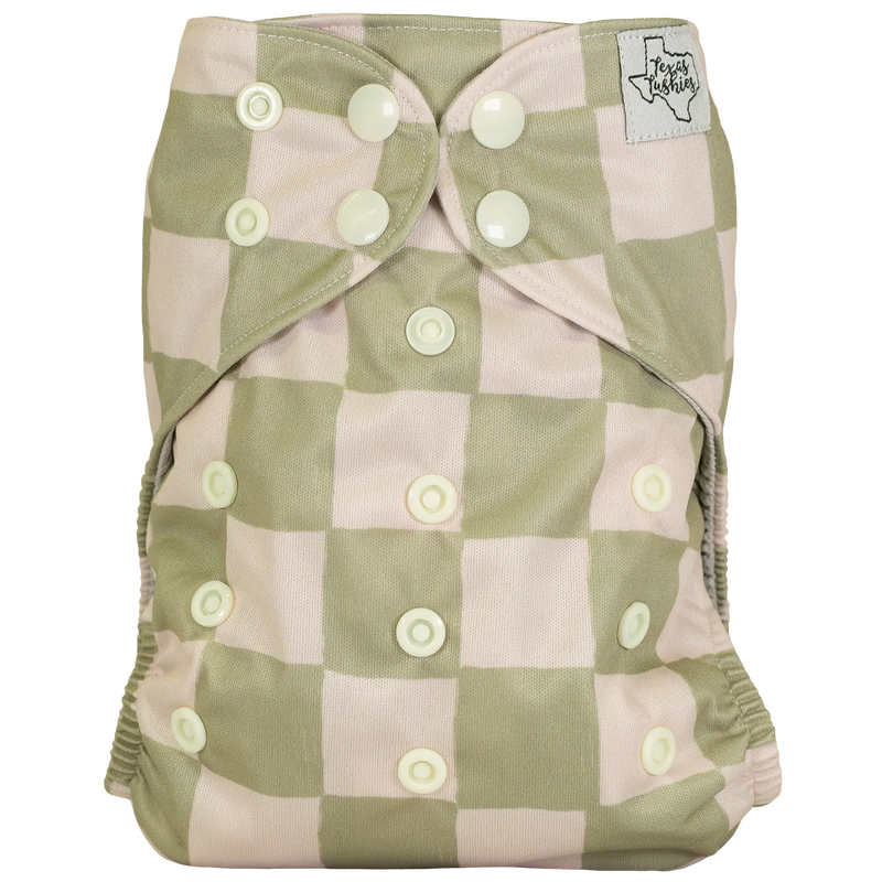 Slim Fit Pocket Cloth Diaper with adjustable snaps and checkered design, suitable for babies 8-40lbs.