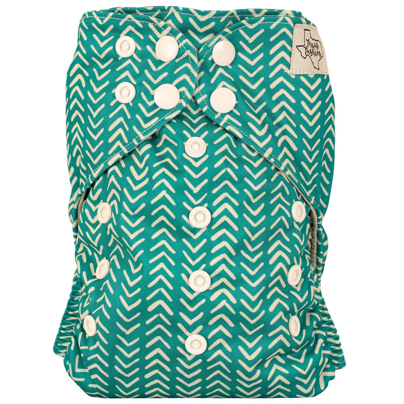 Slim Fit AIO Cloth Diaper with green arrow pattern and white snaps, fits 8-40lbs.