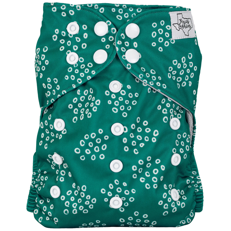 Slim Fit AIO Cloth Diaper with green patterned design and adjustable snaps for 8-40lbs babies.