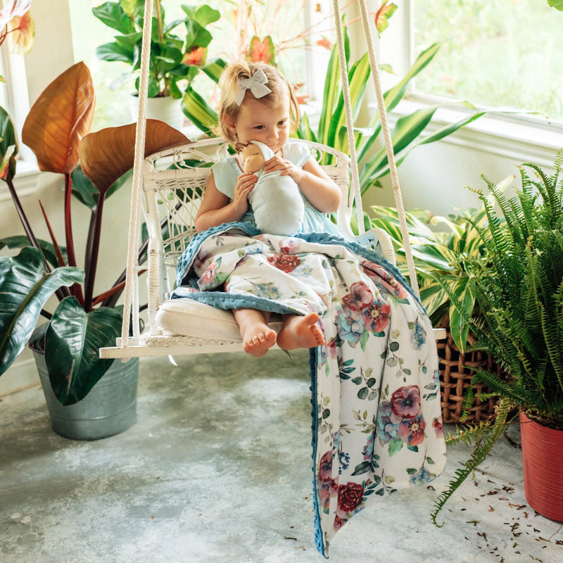 Blue floral baby & toddler minky blanket, soft and lightweight, 30x40 inches, with sensory textures.